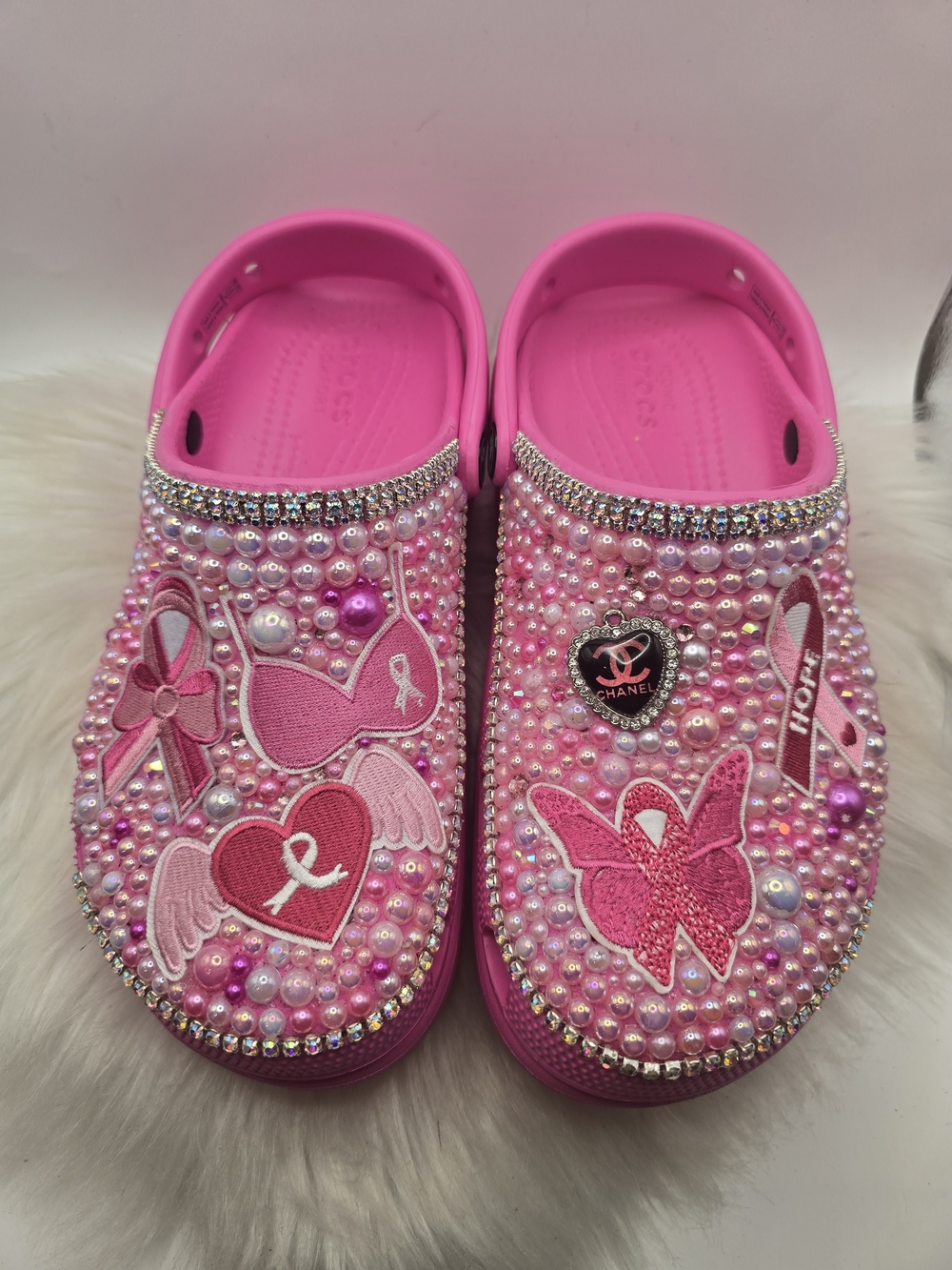 Pink Beaded Womens Slip-On Clogs with Ribbon & Heart Patches